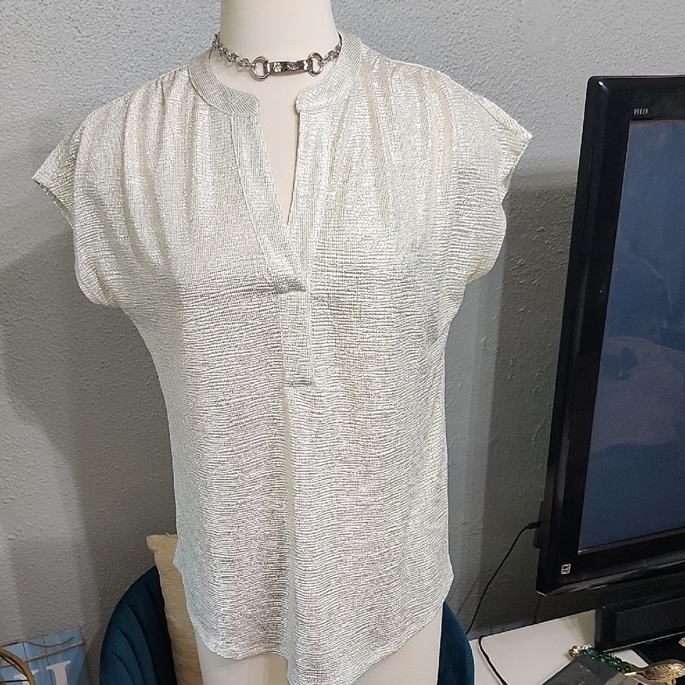 INC International Concepts Shimmering Golden Silver Metallic Blouse